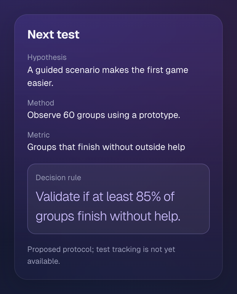 Dystil: proposed hypothesis, method, metric and decision rule for a fictional test.