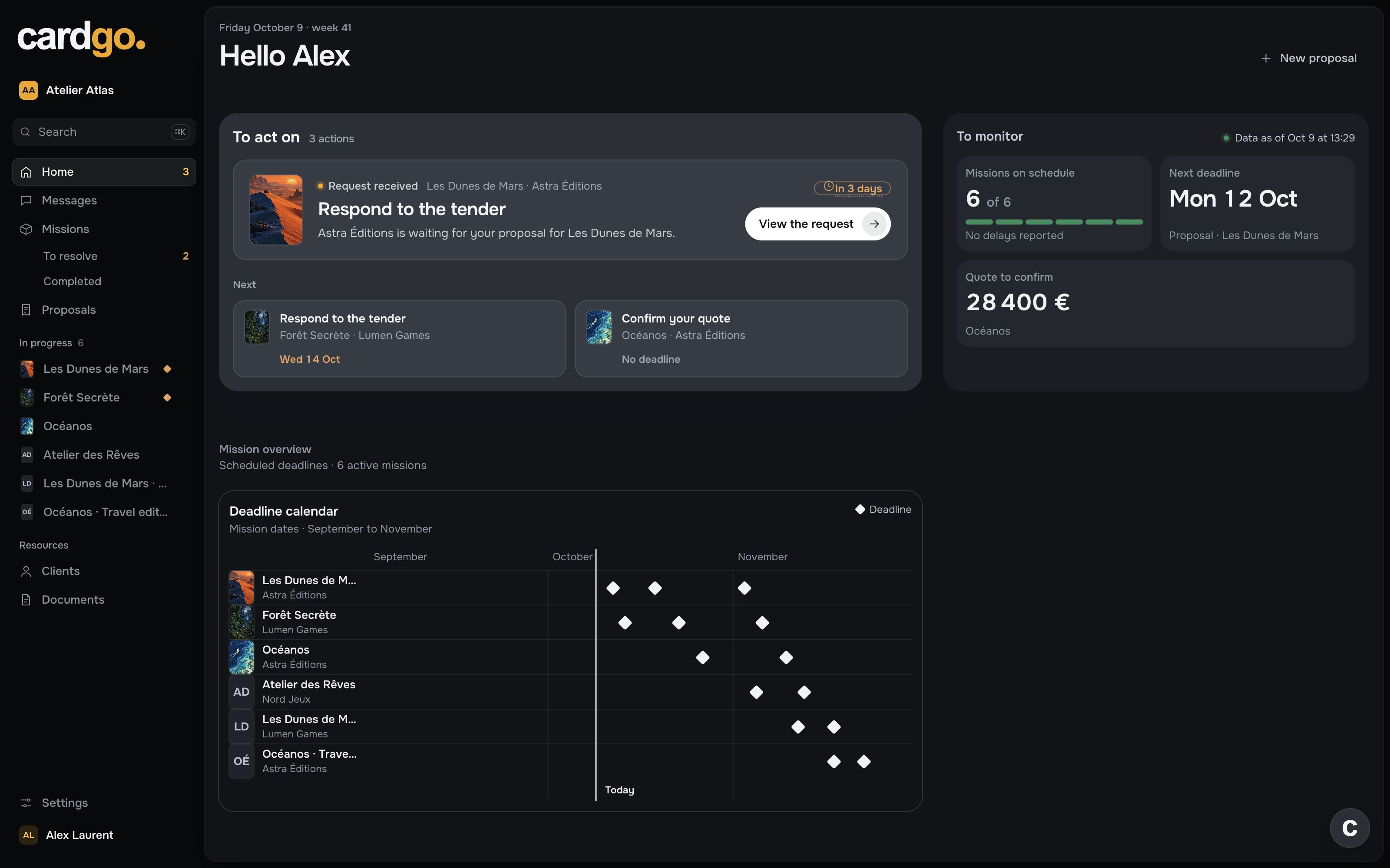 Cardgo provider dashboard with incoming tenders, quotes, six client missions and deadlines.