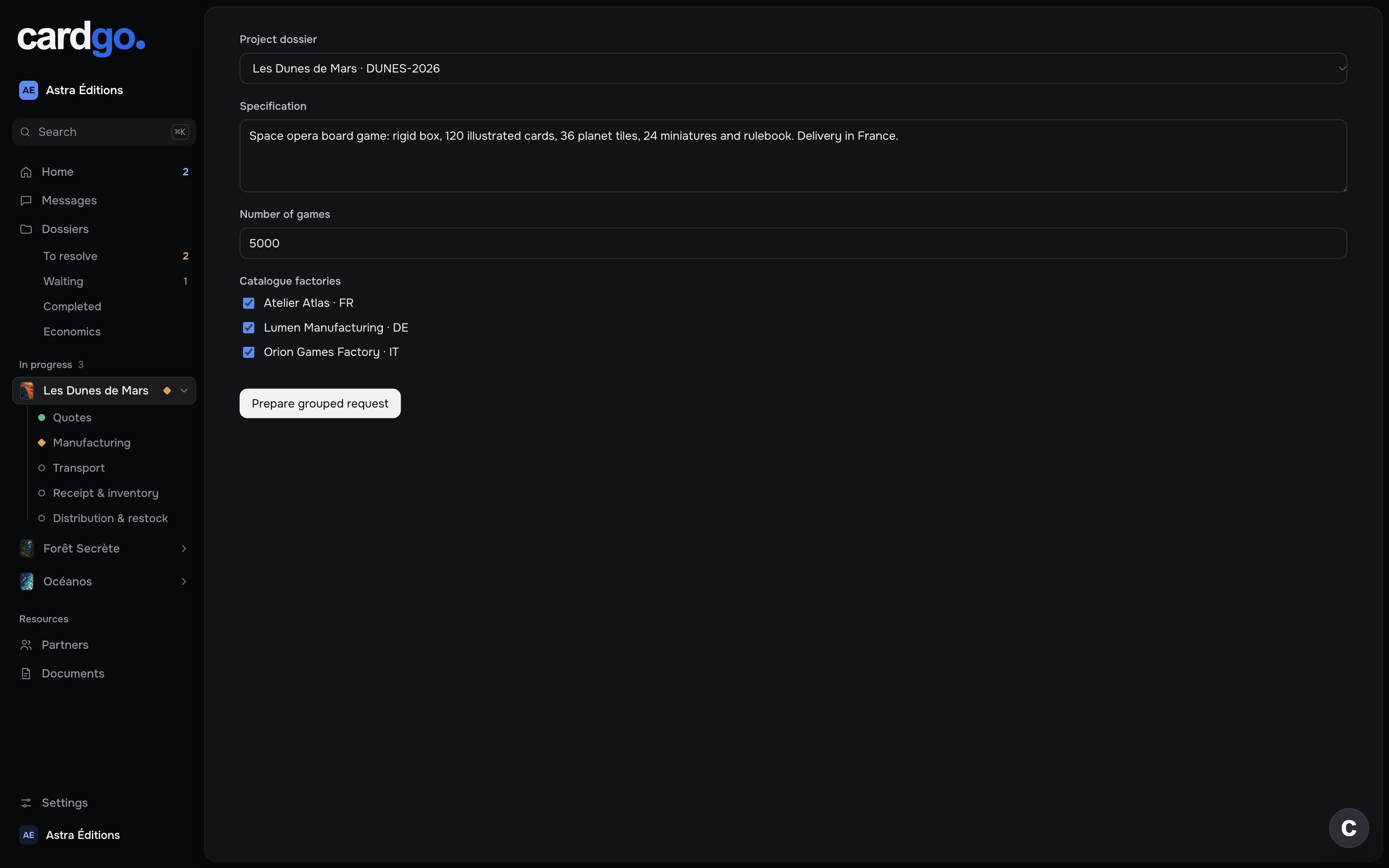 Cardgo: grouped supplier request.
