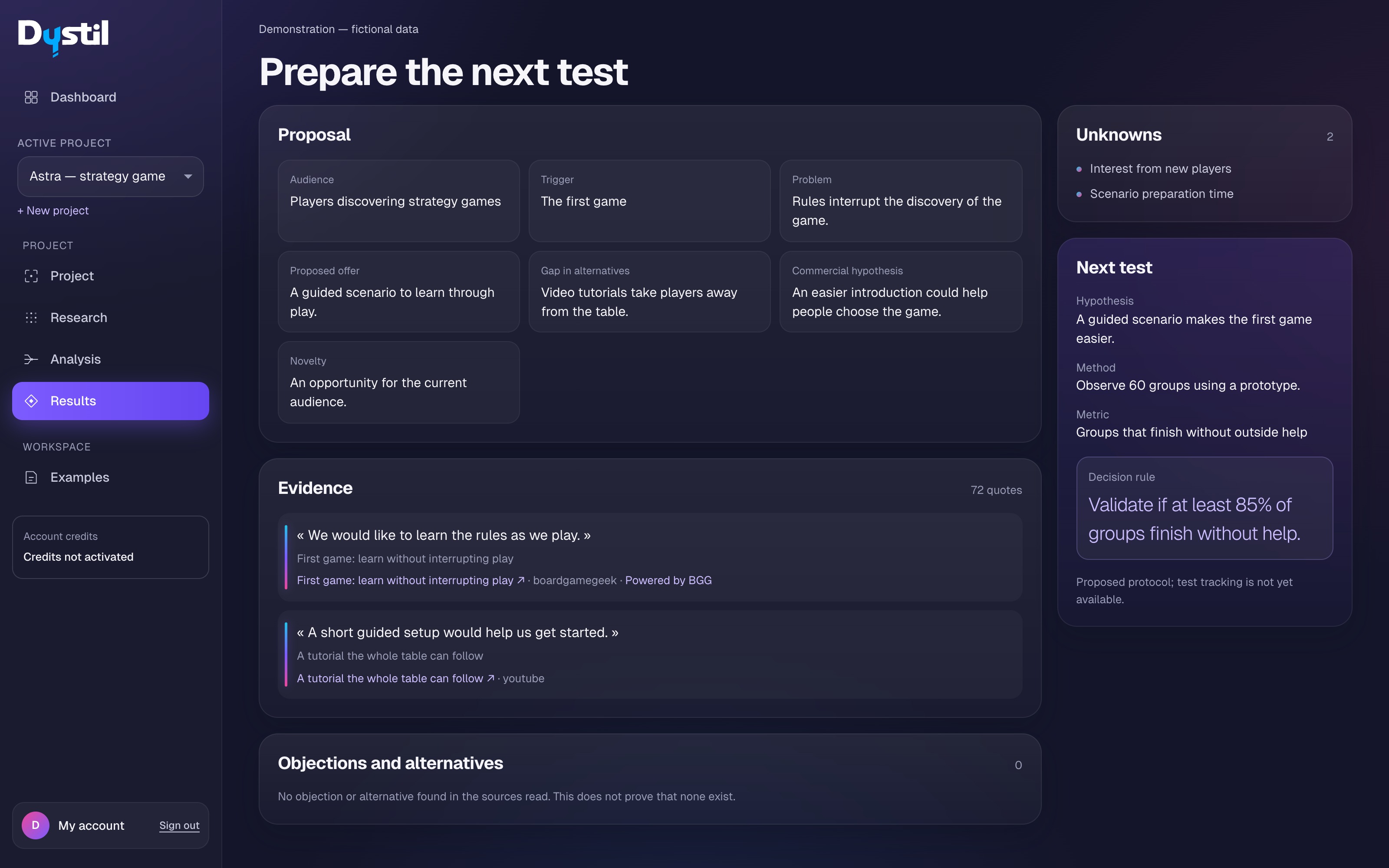 Dystil: proposed hypothesis, method, metric and decision rule for a fictional test.