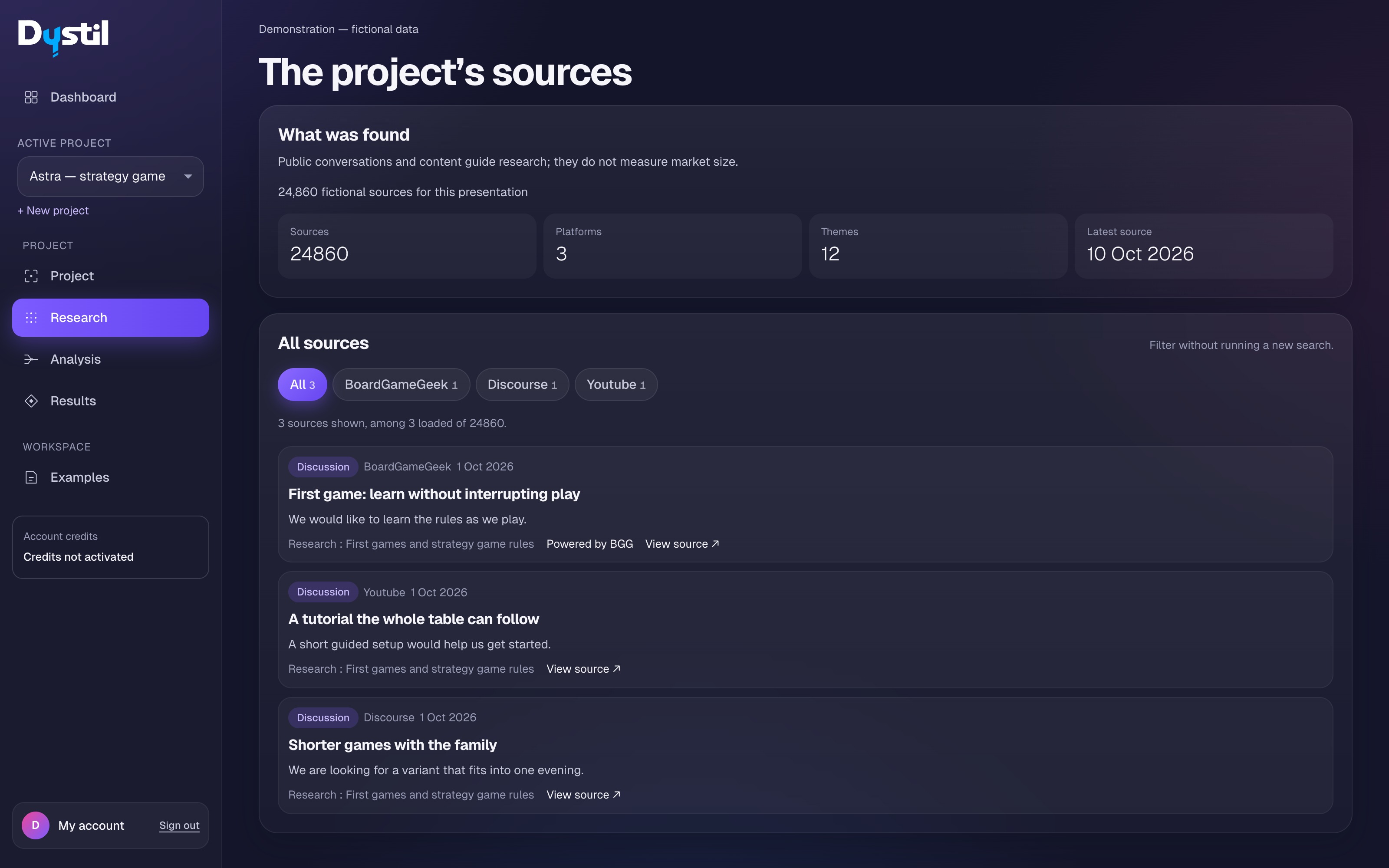 Dystil: public source explorer with a fictional board game project.