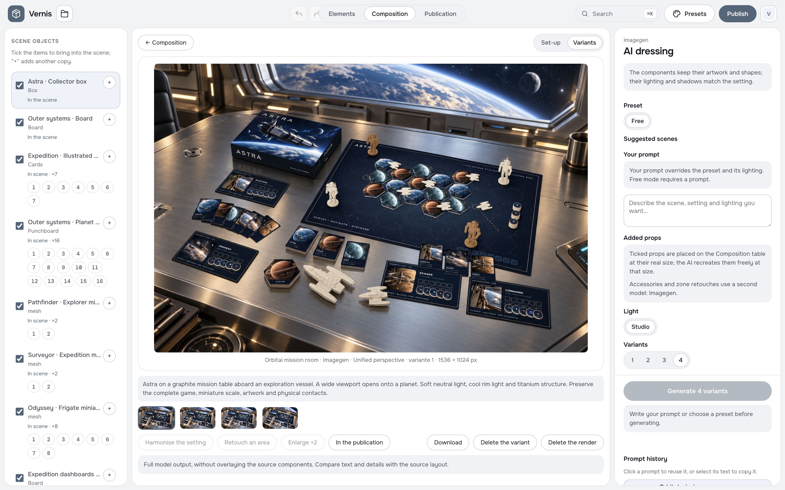 Actual Vernis AI dressing interface: Astra’s complete original game, miniatures, planetary tiles, crew dashboards and card decks staged on an orbital mission table.