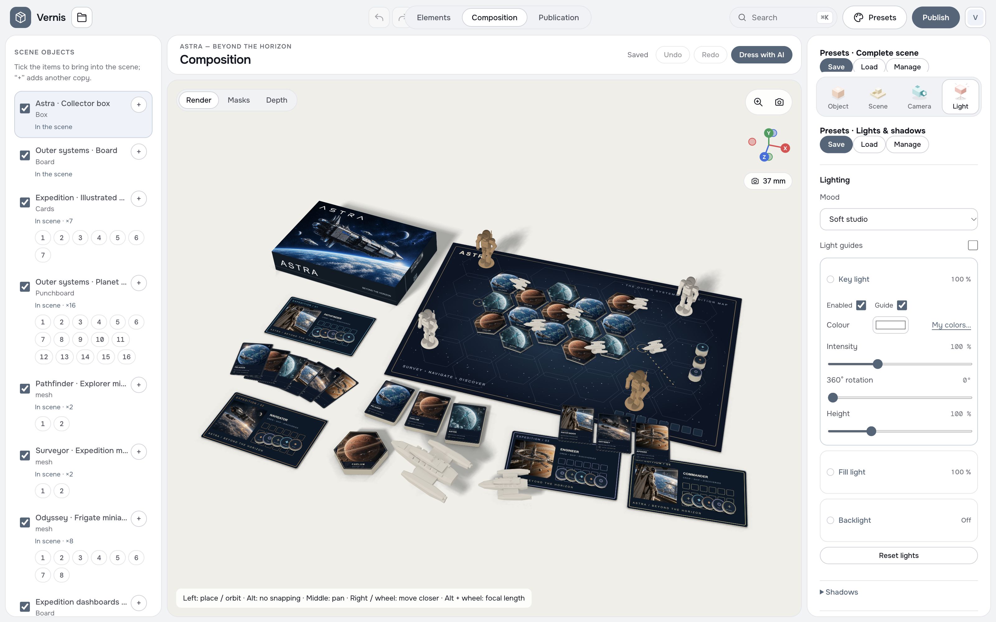 Actual Vernis AI dressing interface: Astra’s complete original game, miniatures, planetary tiles, crew dashboards and card decks staged on an orbital mission table.